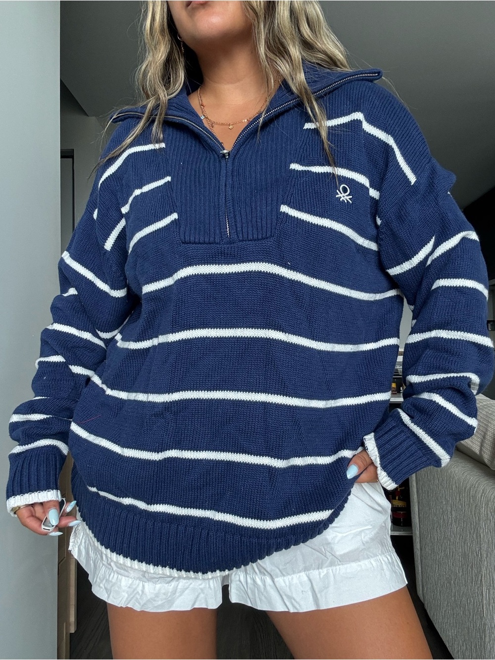 United Colors Of Benetton Navy & White Striped Cowl Zip Sweater
